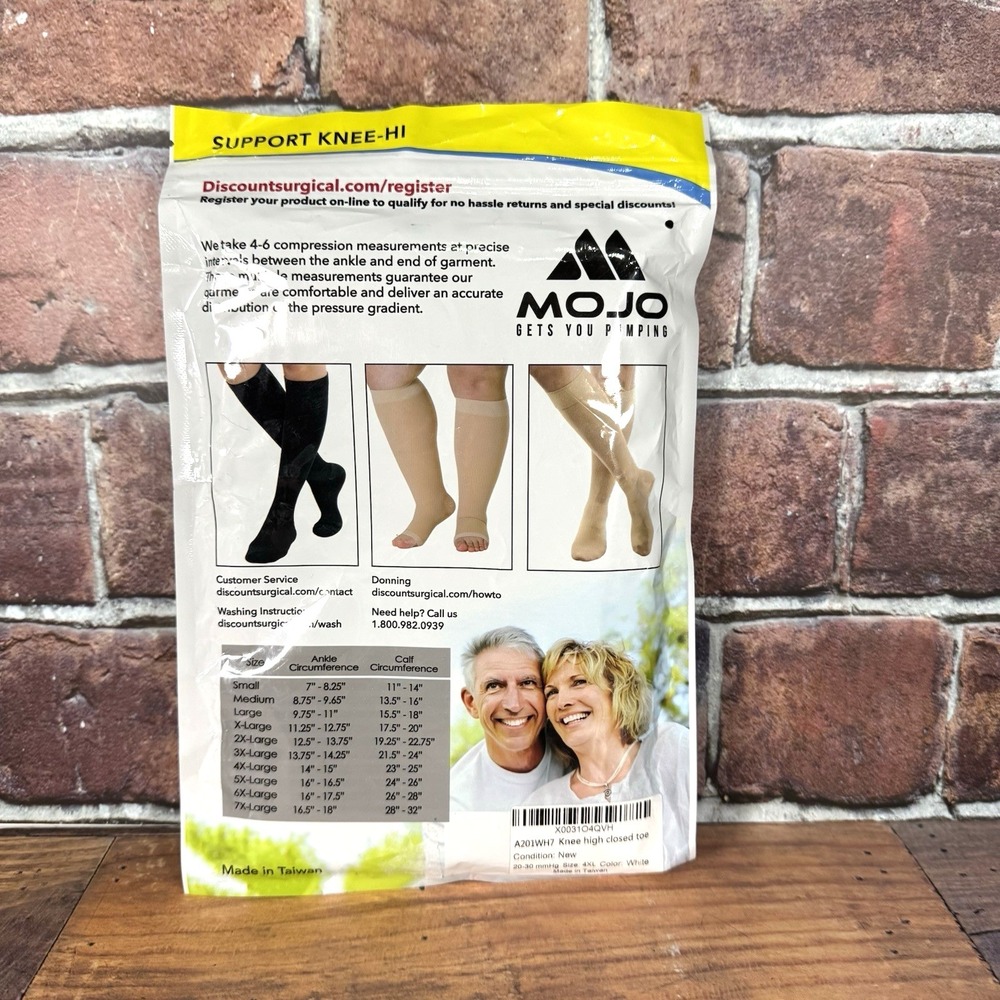 Mojo Knee High Compression Support Sock Size 4XL White Unisex Closed Toe 20-30mm